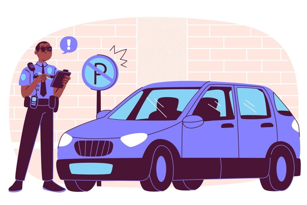 Cartoon illustration of a parking enforcement officer writing a ticket next to a purple car parked by a no parking sign. The officer wears sunglasses and a blue uniform while holding a tablet, with an exclamation mark in a speech bubble indicating the parking violation.