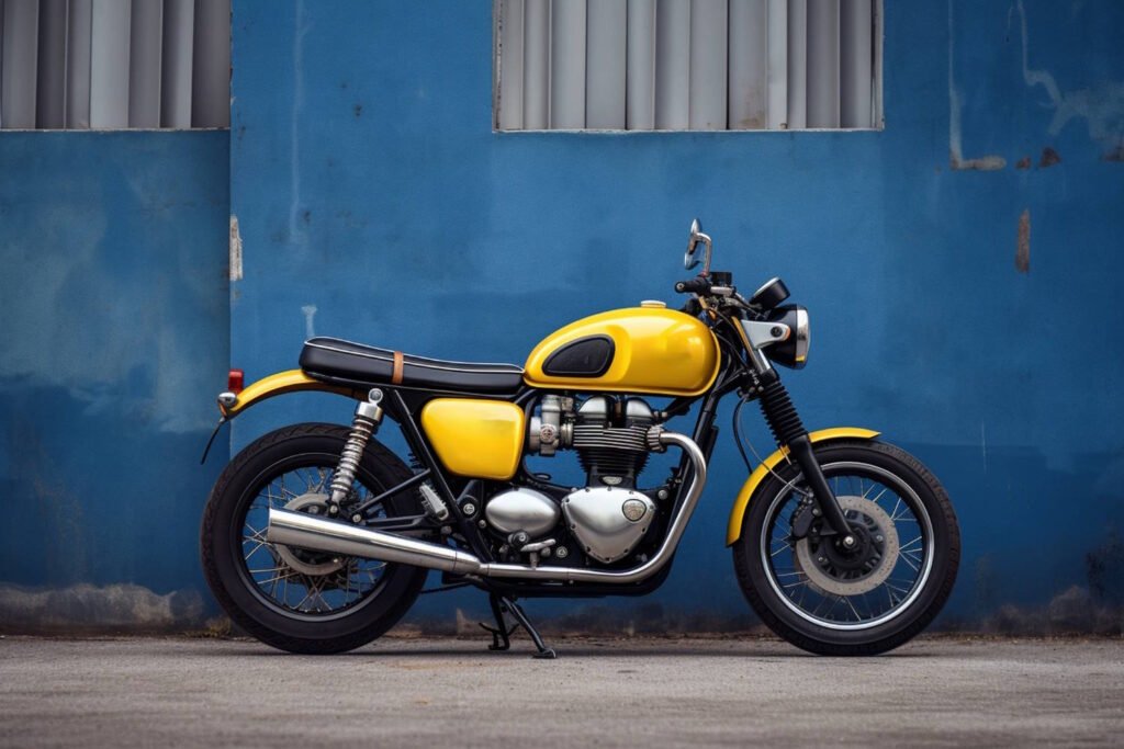 Bright yellow Triumph Bonneville motorcycle with black seat and chrome accents parked against a blue industrial wall, showcasing its classic café racer styling and well-maintained condition.