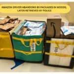 Three Amazon delivery totes filled with packages recovered by police from woods in Lakeville, Massachusetts.