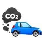 Illustration of a blue car with dark gray exhaust clouds containing "CO2" text, representing vehicle carbon dioxide emissions