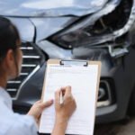 Insurance adjuster filling out car insurance claim form on clipboard while examining damaged vehicle after accident.