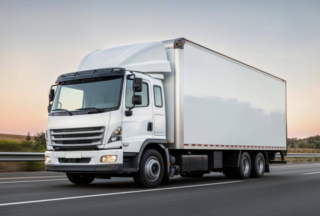 White commercial box truck driving on highway during sunset, showing typical Class B CDL vehicle used for freight delivery