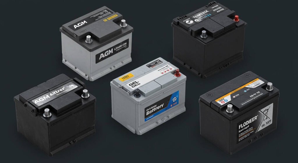 Five different types of car batteries displayed including AGM lithium-ion, gel cell, flooded, and maintenance-free batteries with visible terminals and labels