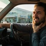 Man grimacing in pain while driving, holding his jaw, with dental clinic building visible through car window.