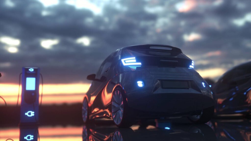 Futuristic electric vehicle with blue LED lights at charging station during sunset, created using Gramhir.pro AI image generator.