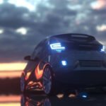 Futuristic electric vehicle with blue LED lights at charging station during sunset, created using Gramhir.pro AI image generator.