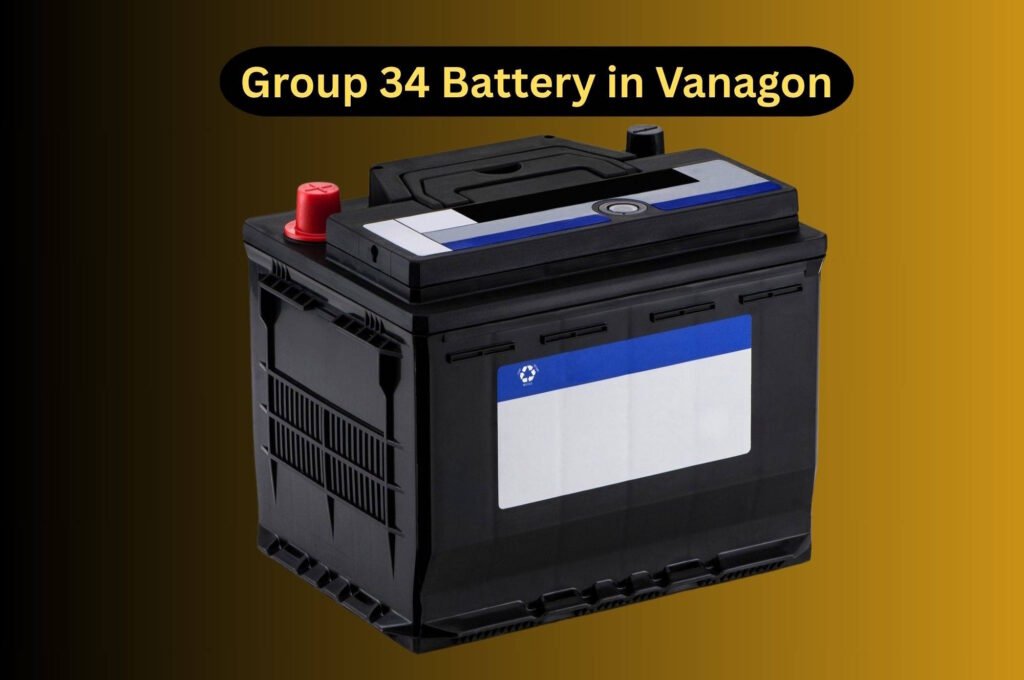 A Group 34 car battery designed for use in a Volkswagen Vanagon, displayed on a gradient brown background with a bold label above.
