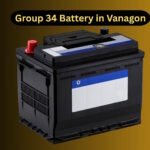 A Group 34 car battery designed for use in a Volkswagen Vanagon, displayed on a gradient brown background with a bold label above.