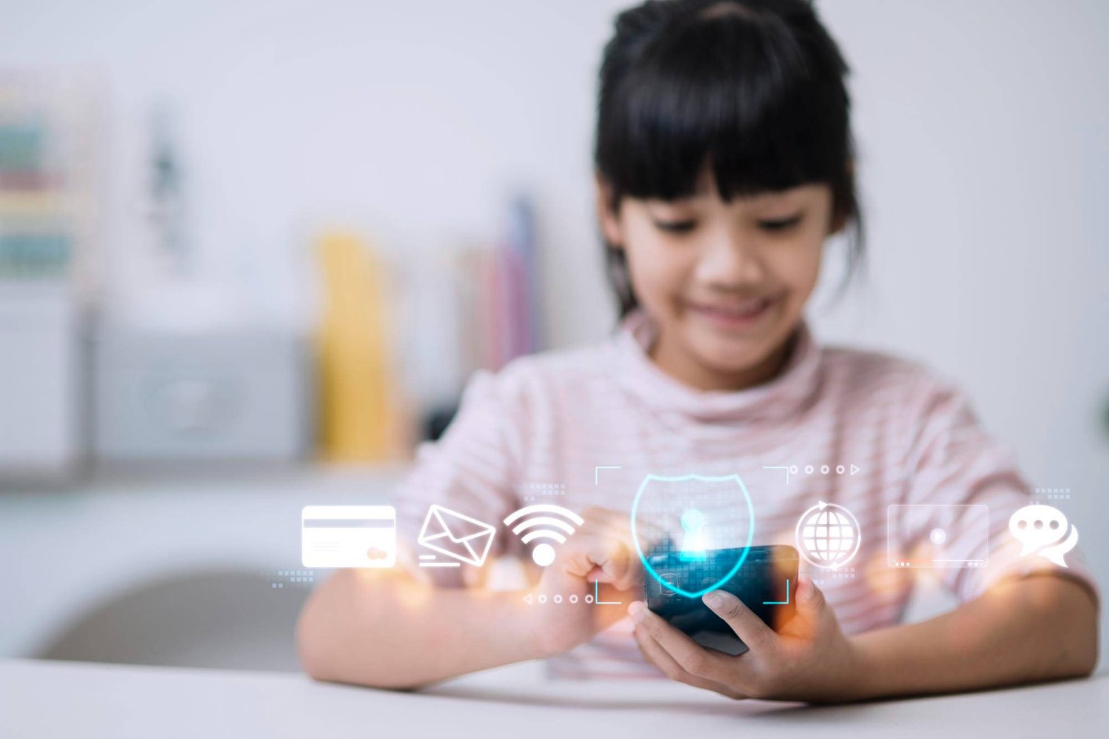 Young girl in pink shirt using smartphone with digital security and internet icons displayed, representing online safety for children.