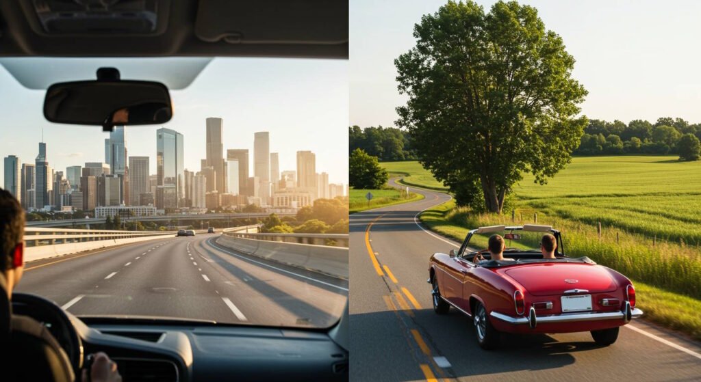 Split image showing urban highway driving toward city skyline on left and red convertible on winding rural road with farmland on right