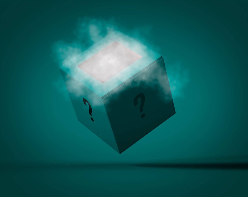Mysterious floating box with question marks surrounded by smoke representing the unknown nature of hizzaboloufazic.