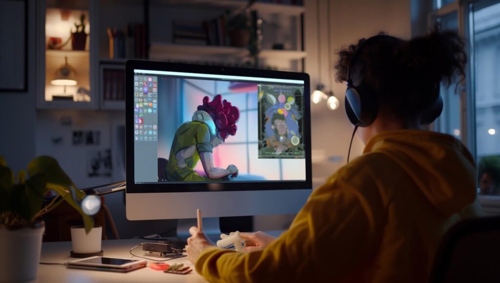Person using AI video creation software on computer to animate images into videos, demonstrating Vidwud AI image-to-video technology