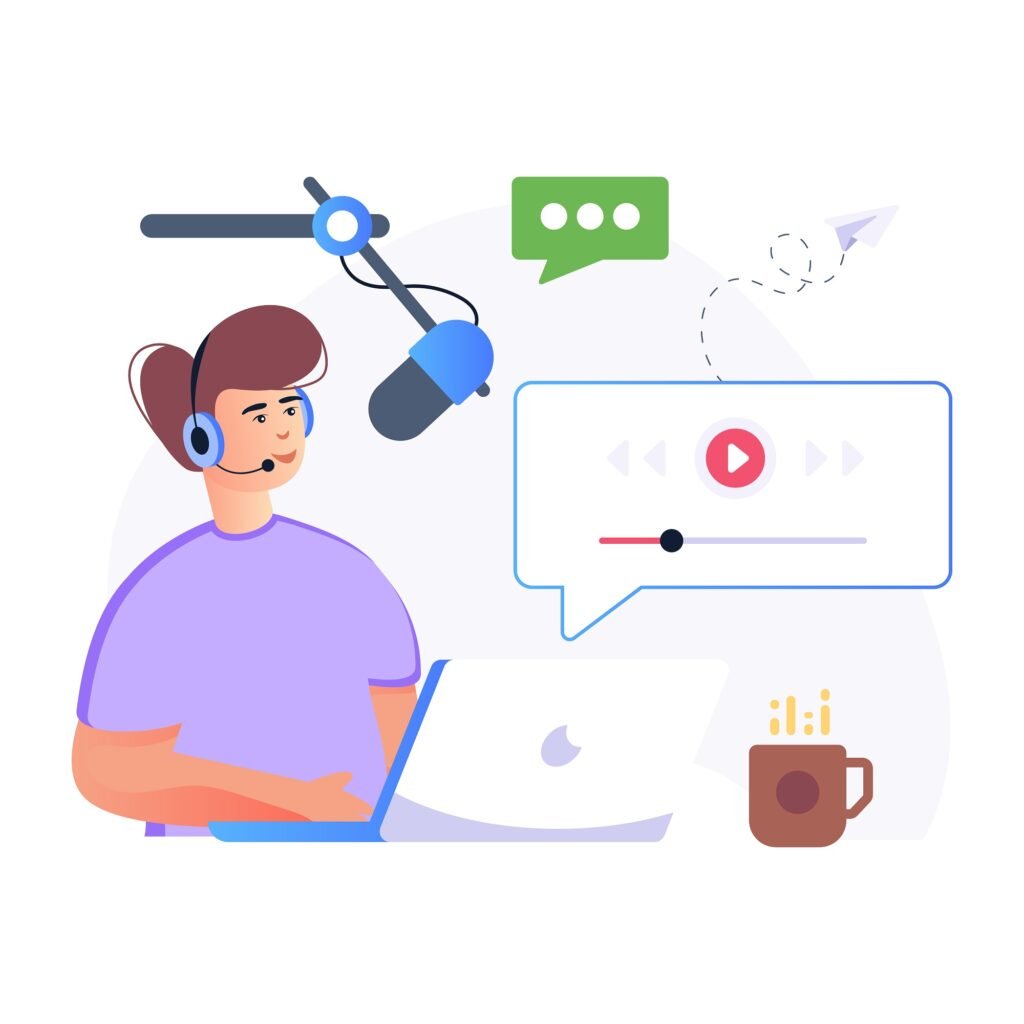 Illustration of a content creator wearing a headset at a laptop, surrounded by digital elements including a microphone, speech bubble, video player interface, and coffee mug, representing modern AI-powered video production workflow