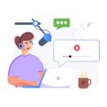 Illustration of a content creator wearing a headset at a laptop, surrounded by digital elements including a microphone, speech bubble, video player interface, and coffee mug, representing modern AI-powered video production workflow