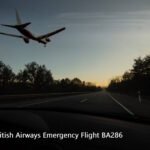 Commercial aircraft flying low over highway during emergency approach at dusk with trees silhouetted against twilight sky