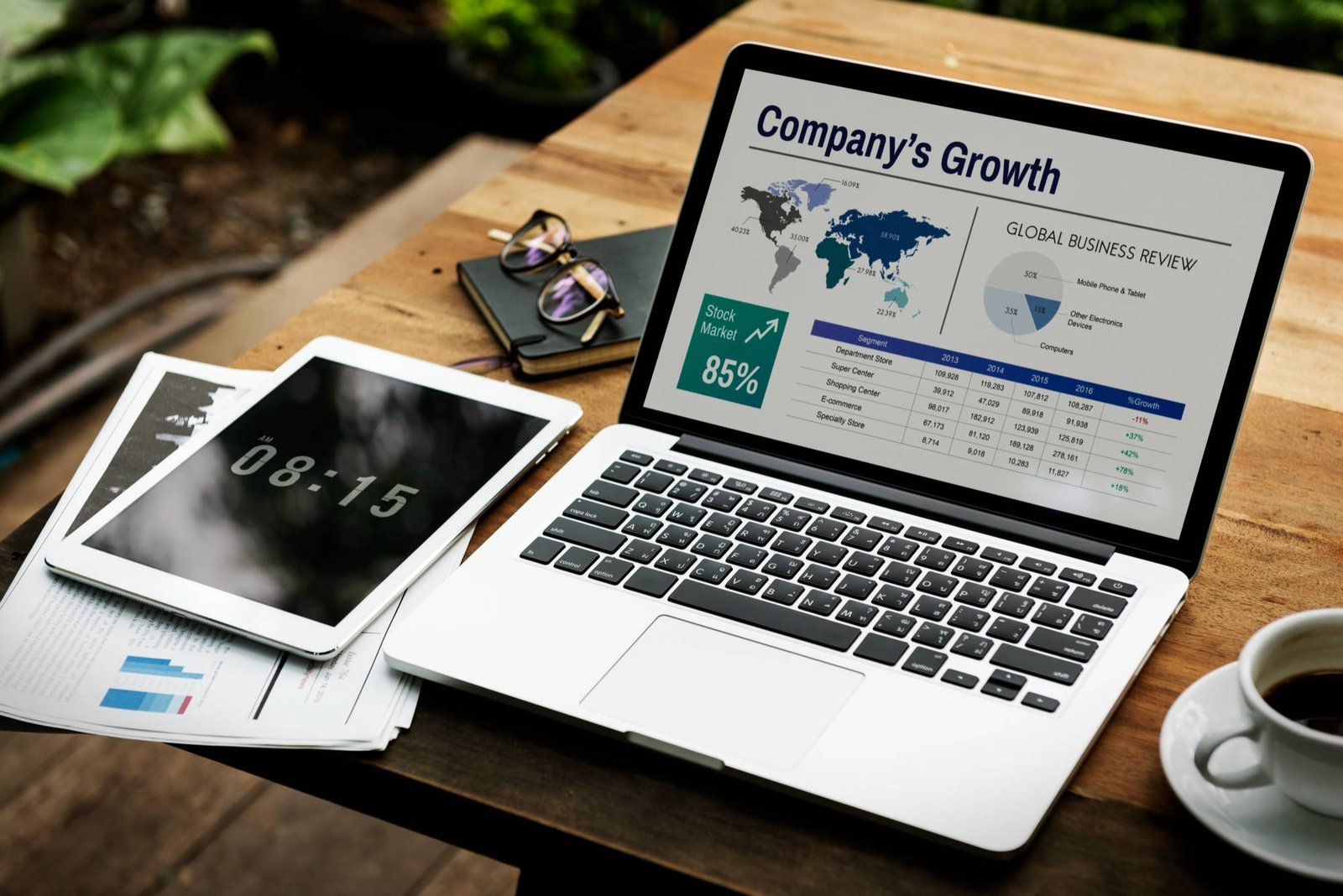 MacBook laptop displaying a business analytics dashboard titled "Company's Growth" with world map, 85% stock market indicator, and financial data tables, alongside a tablet showing 08:15, glasses, notebook, and coffee cup on wooden desk
