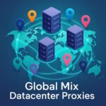 Isometric illustration of a glowing cyan globe with three purple server racks positioned on different continents, connected by luminous network lines. Colorful location pins in orange, blue, pink, and purple are distributed across the world map, representing global proxy locations. The text "Global Mix Datacenter Proxies" appears below the globe against a dark blue gradient background.