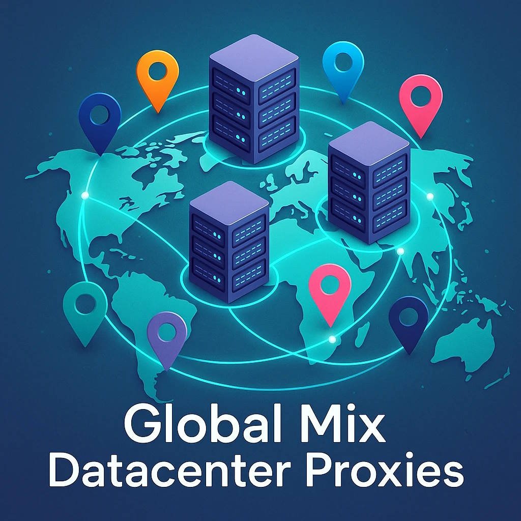 Isometric illustration of a glowing cyan globe with three purple server racks positioned on different continents, connected by luminous network lines. Colorful location pins in orange, blue, pink, and purple are distributed across the world map, representing global proxy locations. The text "Global Mix Datacenter Proxies" appears below the globe against a dark blue gradient background.