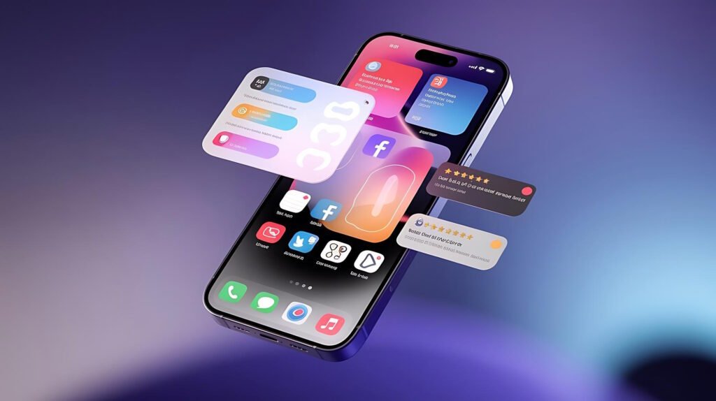 Modern smartphone displaying content://cz.mobilesoft.appblock.fileprovider/cache/blank.html interface with floating UI elements and app notifications against purple gradient background