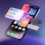 Modern smartphone displaying content://cz.mobilesoft.appblock.fileprovider/cache/blank.html interface with floating UI elements and app notifications against purple gradient background