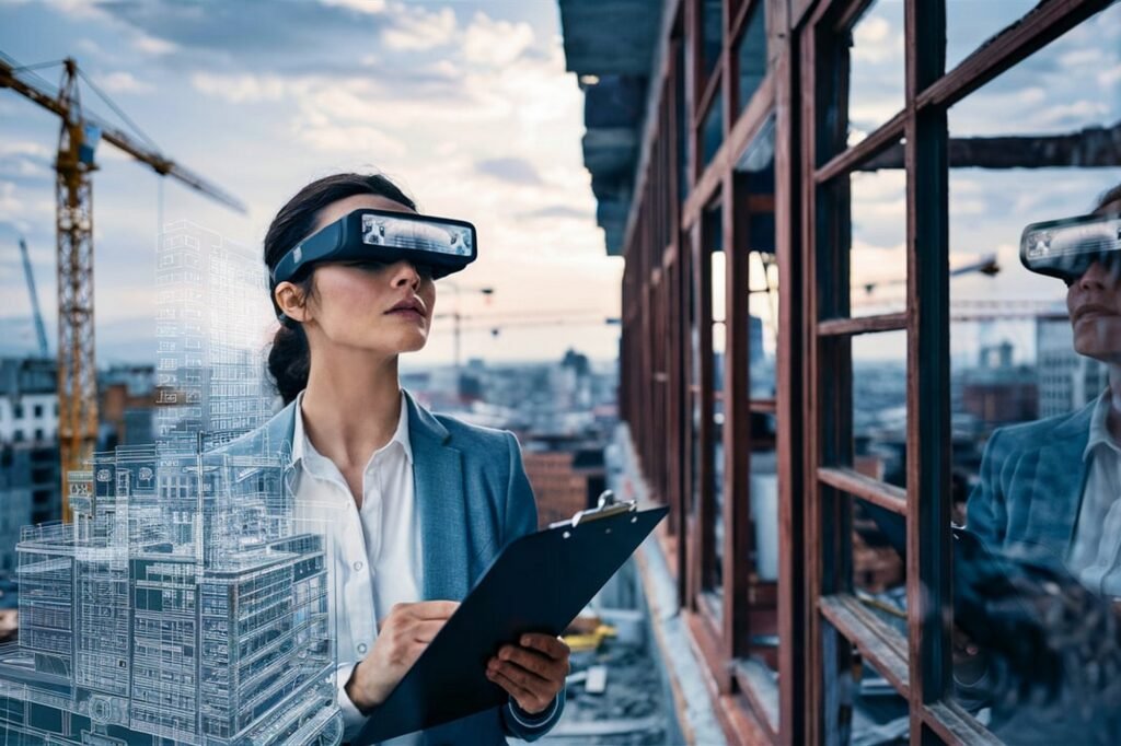 FREHF: A professional woman in a blue blazer wearing AR glasses while holding a clipboard, standing on a construction site with building frameworks and cranes visible in the background. Digital building schematics are overlaid in the scene, demonstrating augmented reality technology in construction and architectural planning.