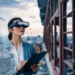FREHF: A professional woman in a blue blazer wearing AR glasses while holding a clipboard, standing on a construction site with building frameworks and cranes visible in the background. Digital building schematics are overlaid in the scene, demonstrating augmented reality technology in construction and architectural planning.