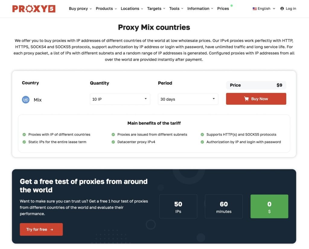 Screenshot of Proxy5 website showing the Proxy Mix countries service page. The page displays a pricing table with Mix proxy option for $9 offering 10 IP addresses for 30 days with a red "Buy Now" button. Below are listed benefits including proxies from different countries, different subnets, IPv4 support, and HTTP/SOCKS5 protocols. At the bottom is a dark blue section promoting a free test of 50 proxy IPs for 60 minutes at $0 cost with an orange "Try for free" button.