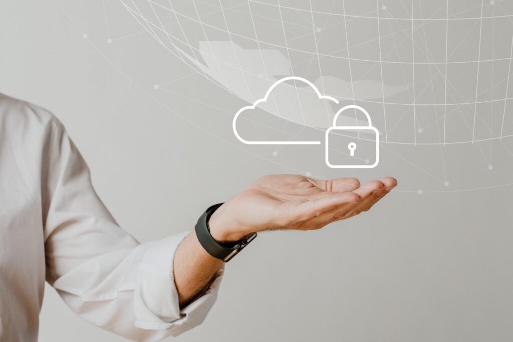 Professional person in white shirt holding hand out with digital cloud and security lock icon floating above palm, representing secure cloud proxy services