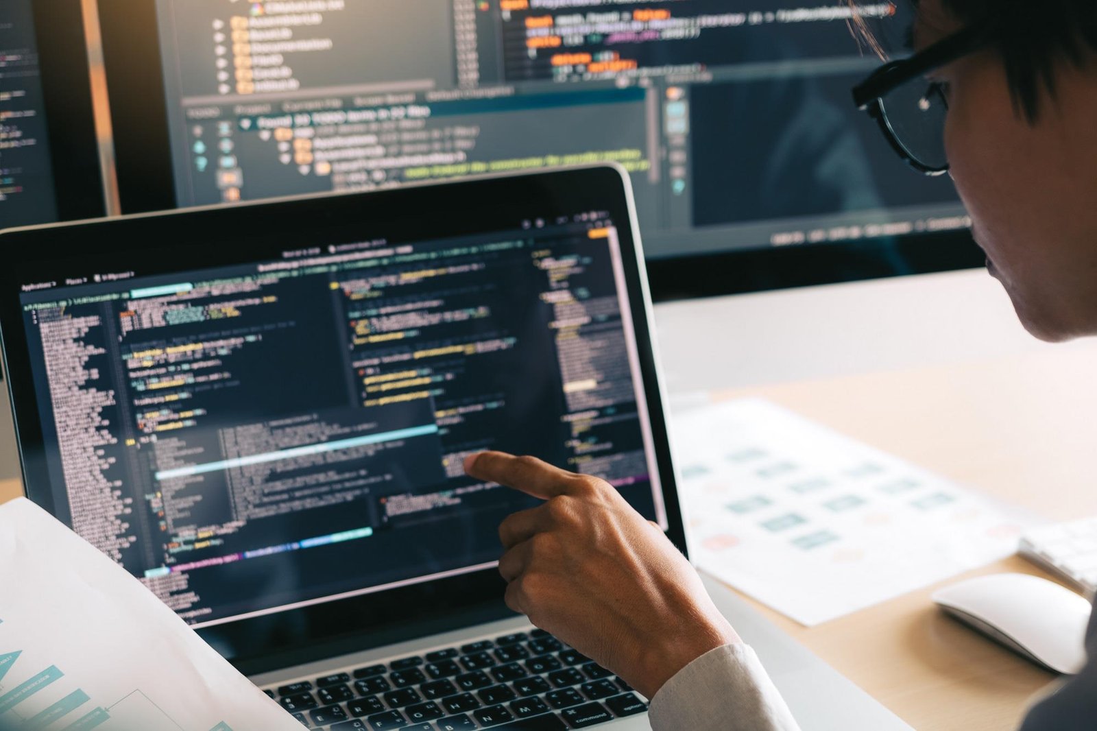 A software developer wearing glasses points at colorful code displayed on a laptop screen while working at a desk with multiple monitors showing programming interfaces and code editors in a professional development environment.