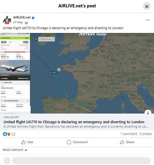 AIRLIVE.net Facebook post showing flight tracking radar map of United Airlines Flight UA770's route from Barcelona (BCN) diverting to London. The map displays European airspace with a blue flight path line showing the aircraft's diversion from its original Chicago destination. Flight details and aircraft information panels are visible on the left side of the tracking interface.