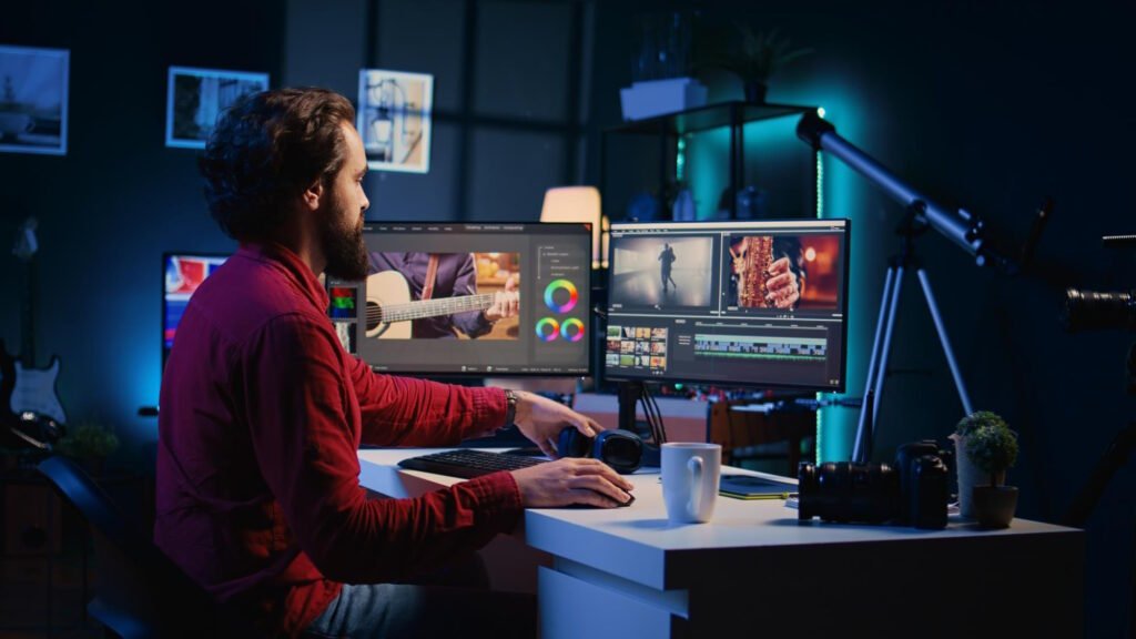 Man editing videos on dual monitors in a modern workspace with camera gear and creative lighting.