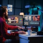 Man editing videos on dual monitors in a modern workspace with camera gear and creative lighting.