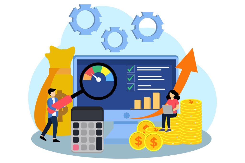Illustration of business growth with people analyzing financial data, coins, calculator, and performance metrics on a computer screen.