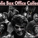 A dark, stylized movie poster for "Coolie Box Office Collection" featuring multiple characters including a prominent figure wearing sunglasses in the center, surrounded by other cast members in dramatic poses against a black background.