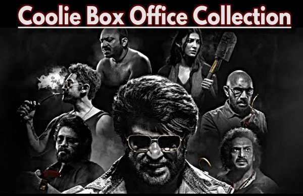 A dark, stylized movie poster for "Coolie Box Office Collection" featuring multiple characters including a prominent figure wearing sunglasses in the center, surrounded by other cast members in dramatic poses against a black background.
