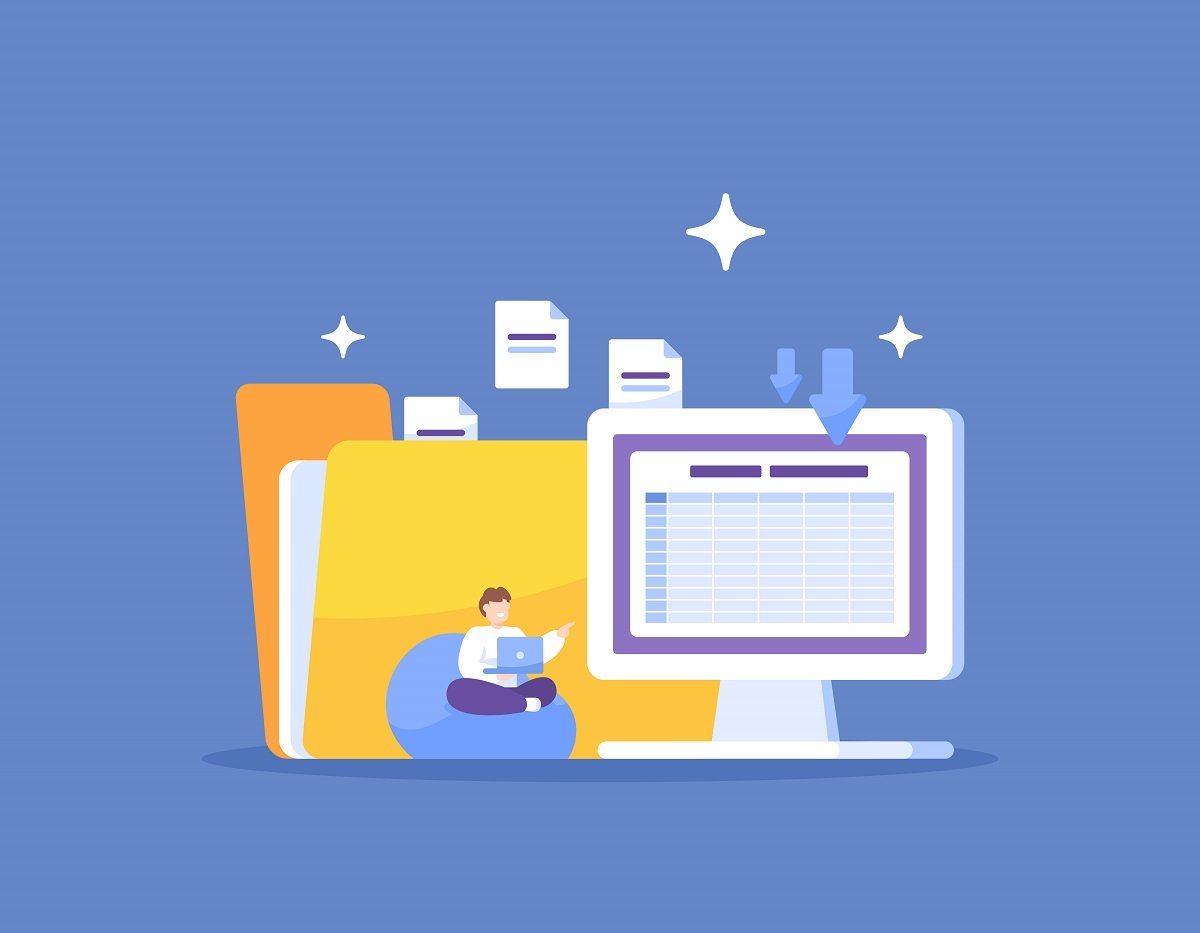 Stylized illustration showing data recovery concept with a person sitting cross-legged using a laptop next to large yellow folders and floating document icons. A computer monitor displays a spreadsheet or data grid with downward arrows indicating file recovery or backup process, all set against a purple-blue gradient background with decorative sparkle elements.