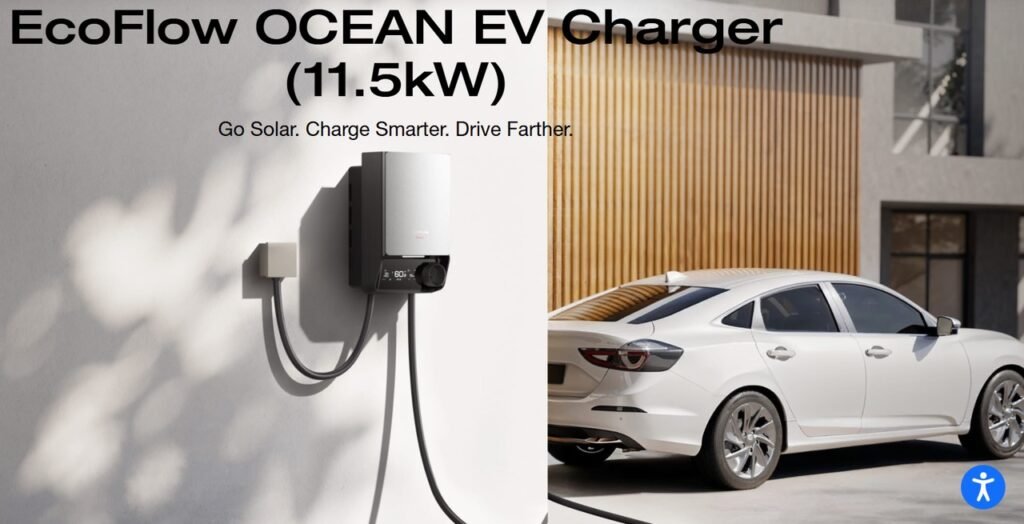 EcoFlow OCEAN EV Charger (11.5kW) mounted on a white wall with charging cable, next to a white electric vehicle parked in a modern garage with wood-paneled ceiling, featuring the tagline "Go Solar. Charge Smarter. Drive Farther."