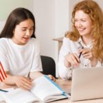 Students learning English online with books, laptop and language level indicators A1 through B2.