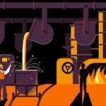 "Illustration of a steel manufacturing plant showing molten metal pouring into a container, workers supervising the heat treatment process, and industrial furnaces in operation.