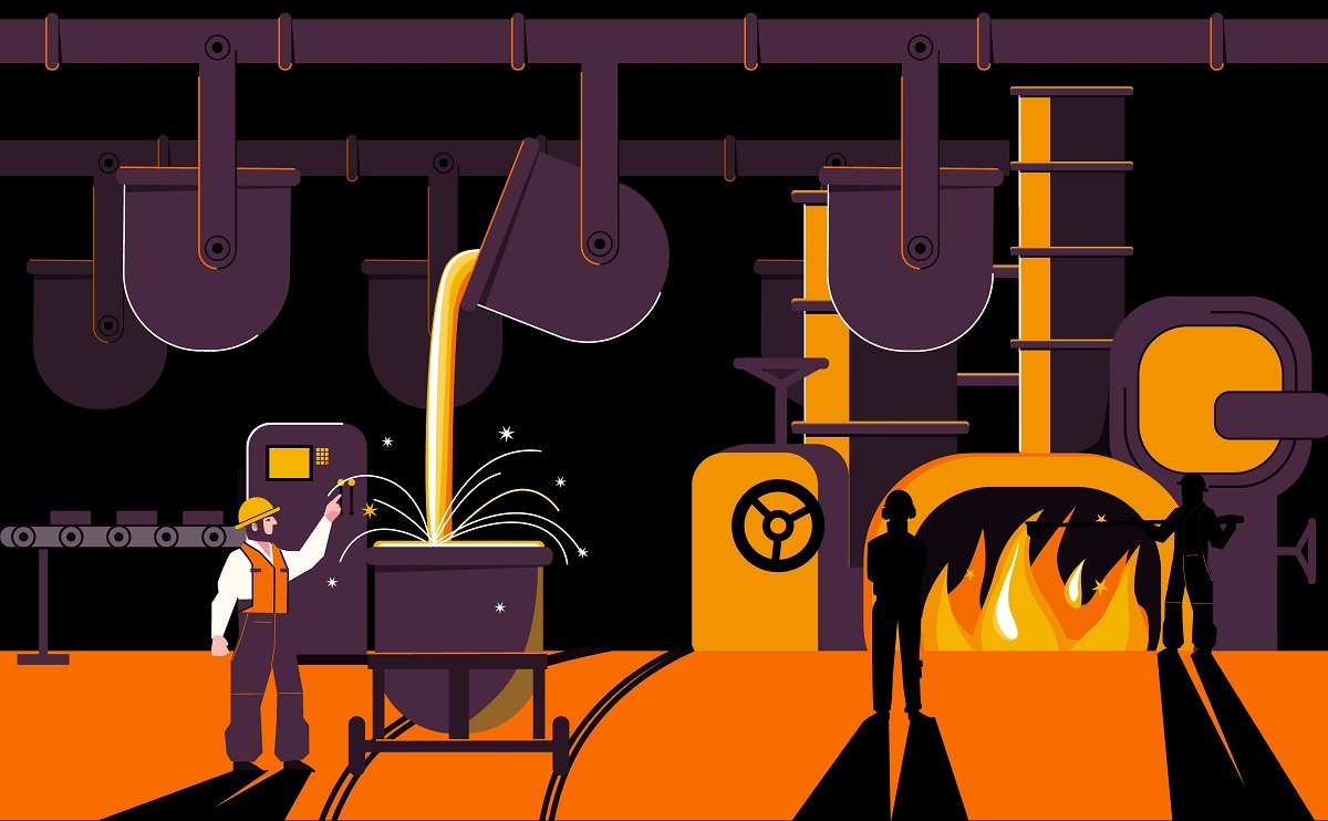 "Illustration of a steel manufacturing plant showing molten metal pouring into a container, workers supervising the heat treatment process, and industrial furnaces in operation.