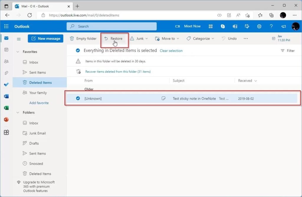 Outlook web interface showing the Deleted Items folder with a deleted sticky note item highlighted in red box. The interface shows the 'Restore' button in the toolbar and displays a deleted item titled 'Test sticky note in OneNote' from 2019-08-02, with options to recover items from the deleted folder.