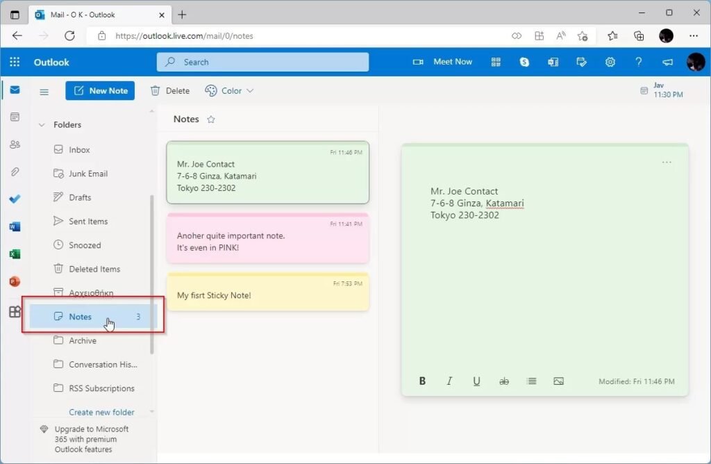 Outlook web interface showing the Notes section with 'Notes' folder highlighted in red box in the left sidebar, displaying three sticky notes in the main panel including contact information for Mr. Joe Contact, a pink note saying 'Another quite important note. It's even in PINK!' and a yellow note titled 'My first Sticky Note!