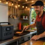 Food truck chef in red shirt and black apron cooking on electric grill powered by portable power station in modern mobile kitchen.