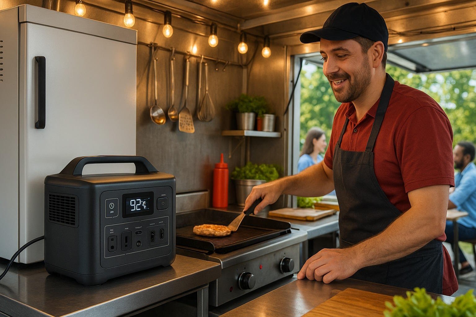 Food truck chef in red shirt and black apron cooking on electric grill powered by portable power station in modern mobile kitchen.