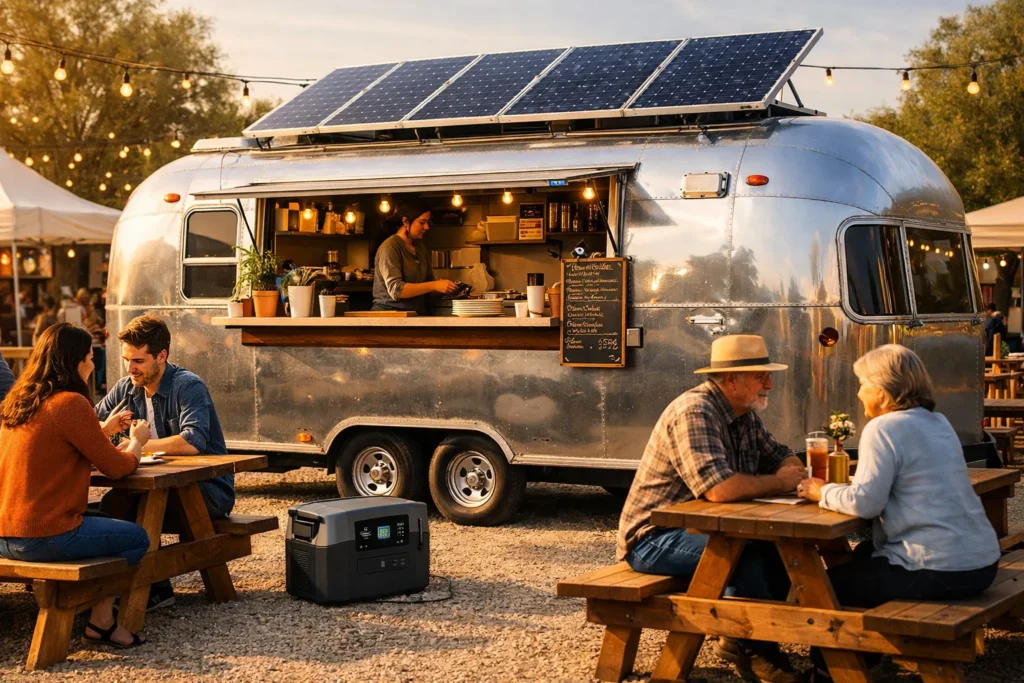 Food truck powered by portable power station and solar panels with customers dining peacefully at outdoor event