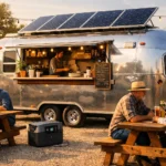 Food truck powered by portable power station and solar panels with customers dining peacefully at outdoor event