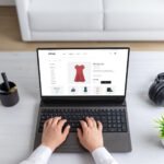 Person browsing an eShop website on a laptop, viewing a red dress product page with add-to-cart option.
