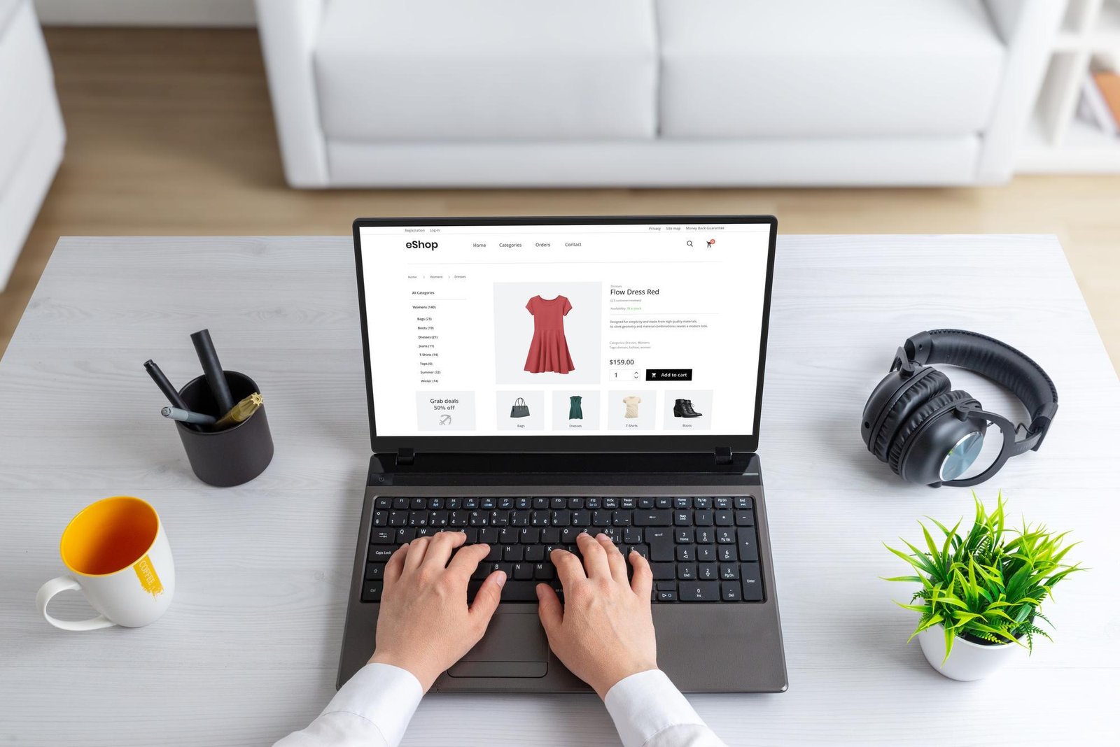 Person browsing an eShop website on a laptop, viewing a red dress product page with add-to-cart option.