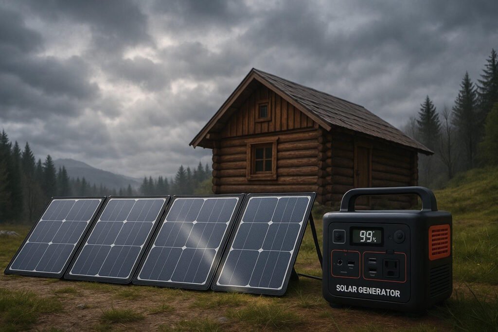 Solar generator with folding solar panels set up near log cabin under cloudy overcast sky in forest setting.