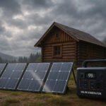 Solar generator with folding solar panels set up near log cabin under cloudy overcast sky in forest setting.
